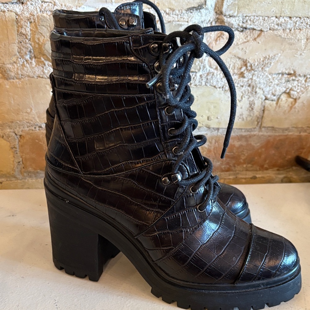 Alice + Olivia Crocodile-Embossed Lace-Up Boots